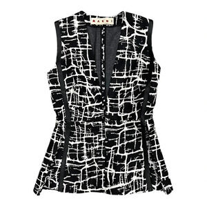 Marni Black Abstract Print Plunge Neckline Silk Blend Blouse XS